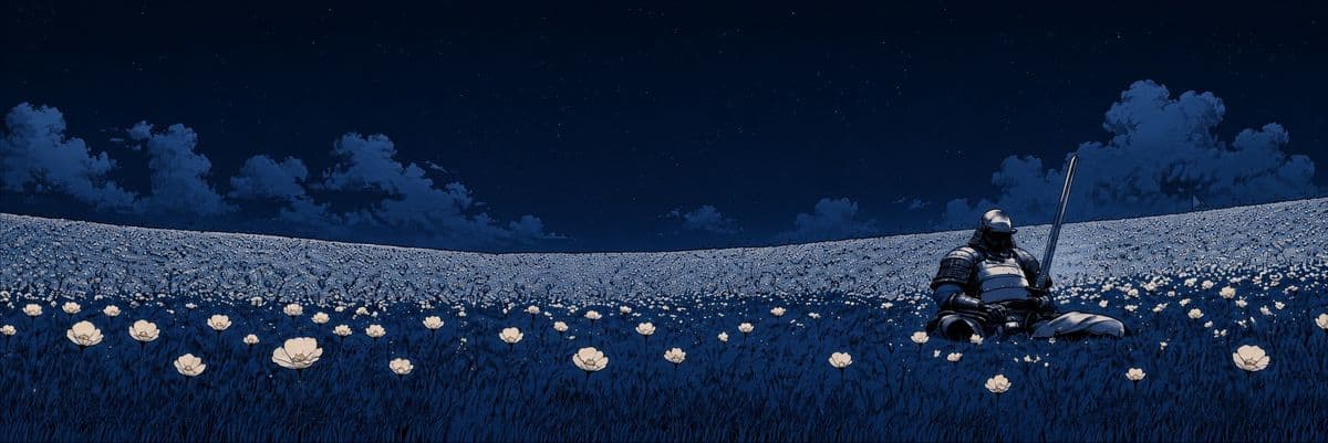 A lone warrior resting in a moonlit field