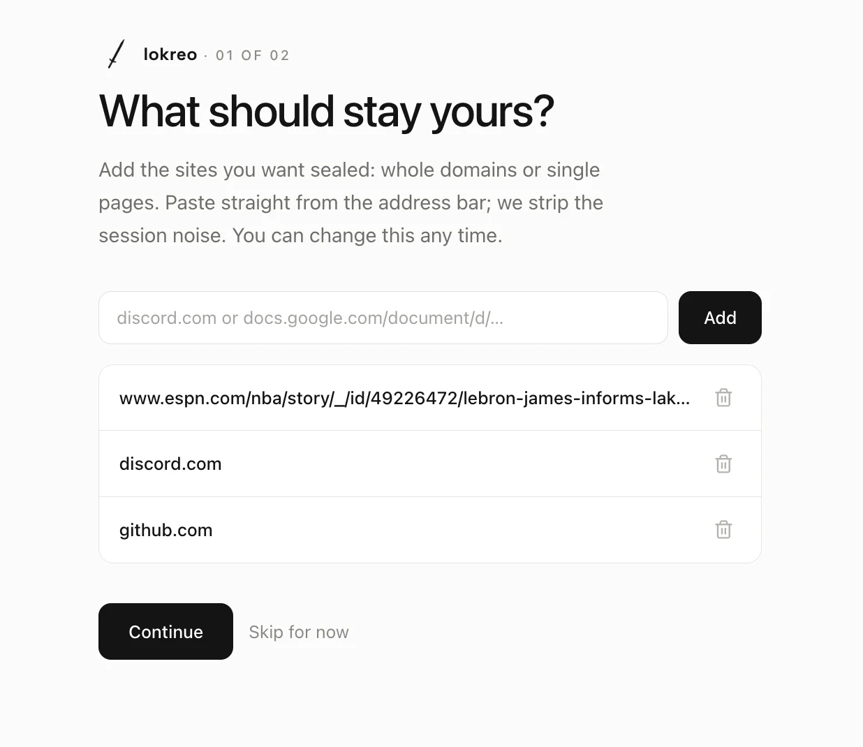 Onboarding: adding protected sites